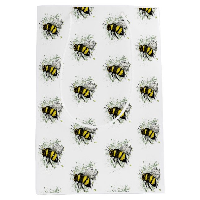 Flying Bumble BEE, Freehand Digital Drawing Insect Medium Gift Bag (Front)