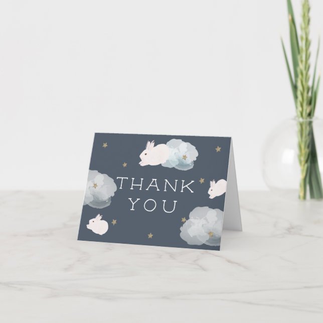 Flying Bunny Star & Cloud Navy Blue Thank You Card (Front)