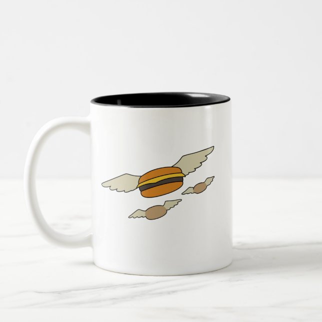 Flying burger burgers funny bob bobs bob's hamburg Two-Tone coffee mug (Left)