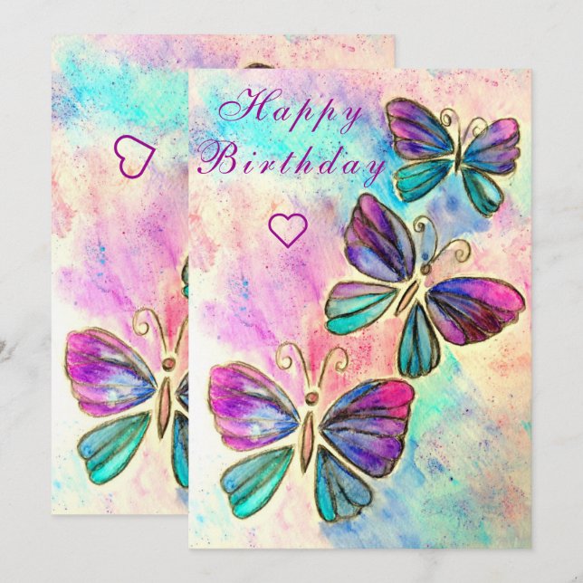 Flying Butterflies Happy Birthday Card Watercolor (Front/Back)