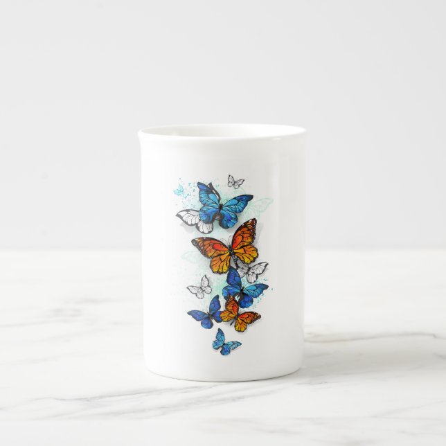 Flying Butterflies Morpho and Monarch Bone China Mug (Front)