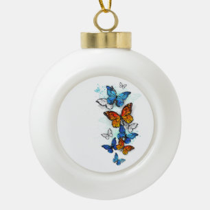 Flying Butterflies Morpho and Monarch Ceramic Ball Christmas Ornament