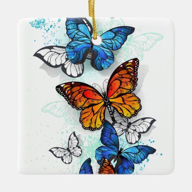 Flying Butterflies Morpho and Monarch Ceramic Ornament (Front)