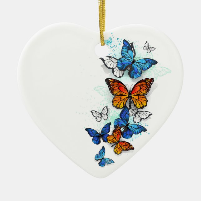 Flying Butterflies Morpho and Monarch Ceramic Tree Decoration (Front)