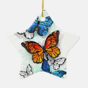 Flying Butterflies Morpho and Monarch Ceramic Tree Decoration