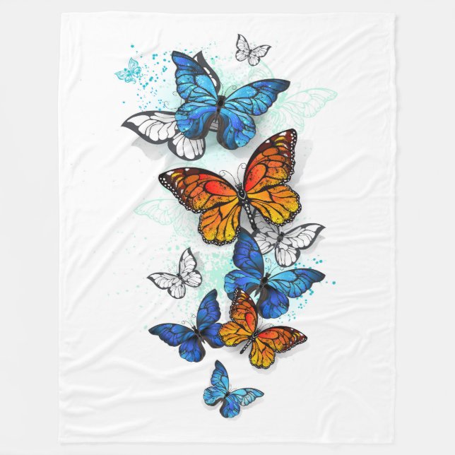 Flying Butterflies Morpho and Monarch Fleece Blanket (Front)