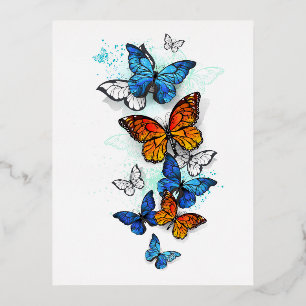 Flying Butterflies Morpho and Monarch Foil Holiday Postcard