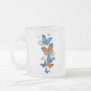 Flying Butterflies Morpho and Monarch Frosted Glass Coffee Mug