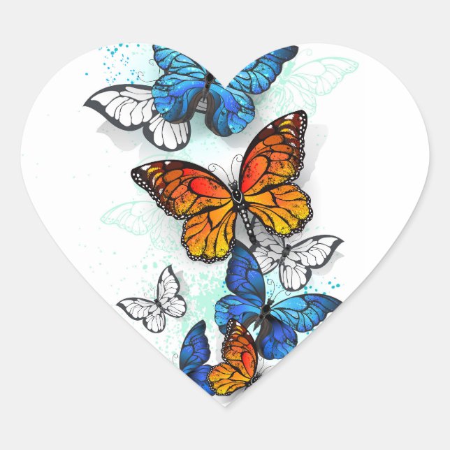 Flying Butterflies Morpho and Monarch Heart Sticker (Front)