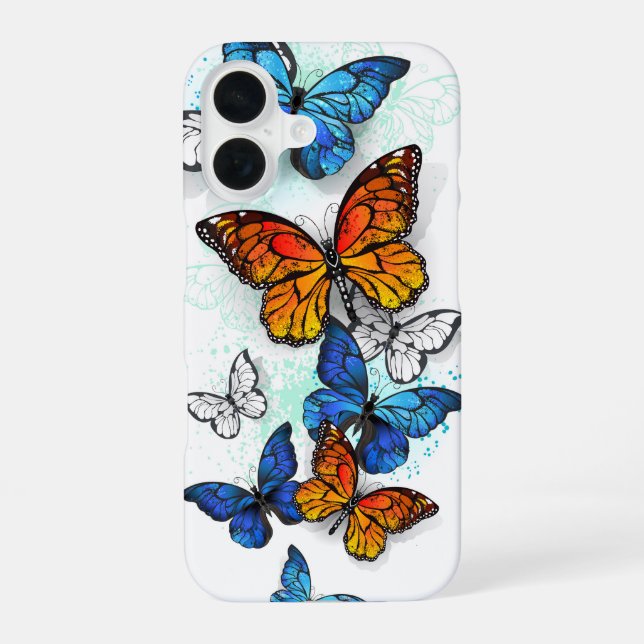 Flying Butterflies Morpho and Monarch iPhone 16 Case (Back)