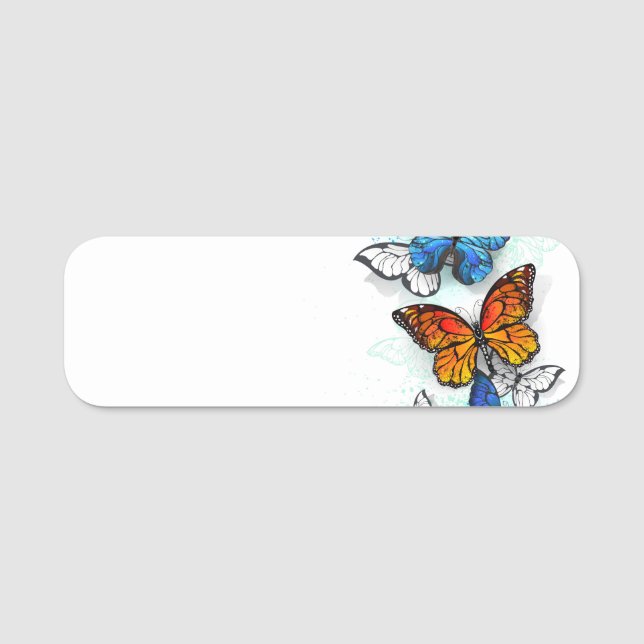 Flying Butterflies Morpho and Monarch Name Tag (Front)