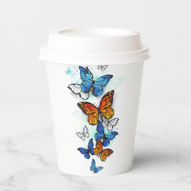 Flying Butterflies Morpho and Monarch Paper Cups (Front)