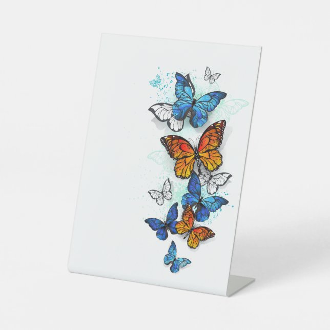 Flying Butterflies Morpho and Monarch Pedestal Sign (Front)