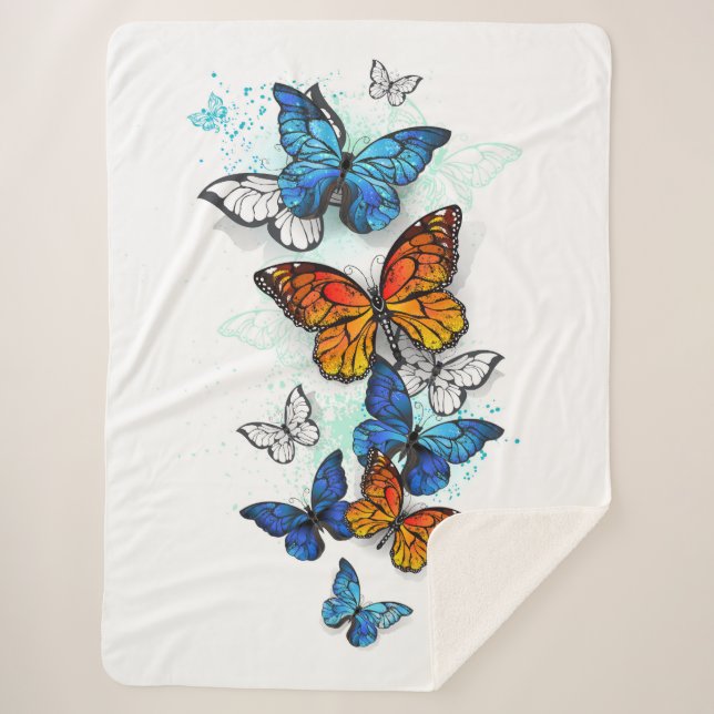 Flying Butterflies Morpho and Monarch Sherpa Blanket (Front)