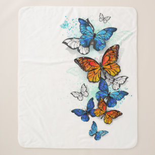 Flying Butterflies Morpho and Monarch Sherpa Blanket