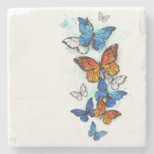 Flying Butterflies Morpho and Monarch Stone Coaster (Front)