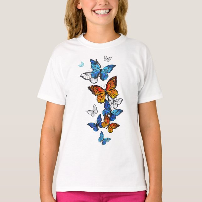 Flying Butterflies Morpho and Monarch T-Shirt (Front)