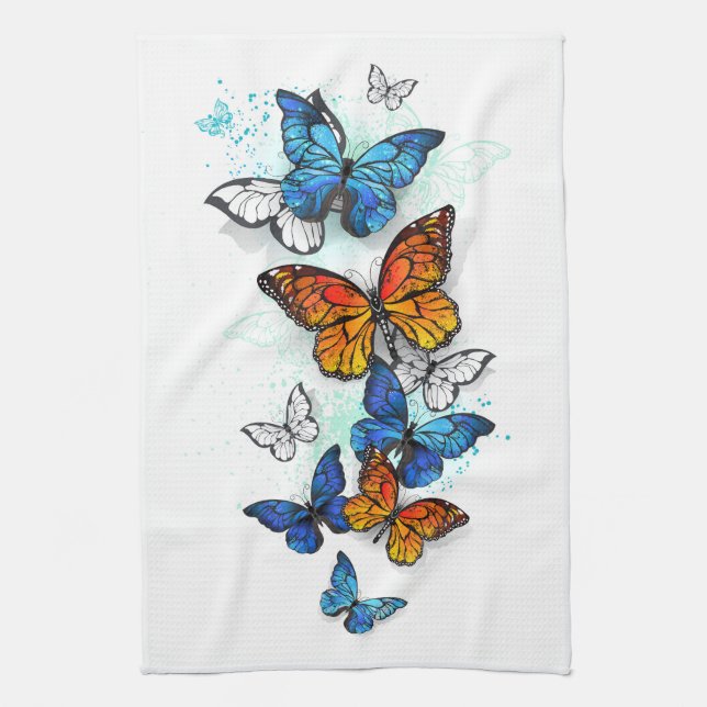 Flying Butterflies Morpho and Monarch Tea Towel (Vertical)