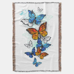 Flying Butterflies Morpho and Monarch Throw Blanket