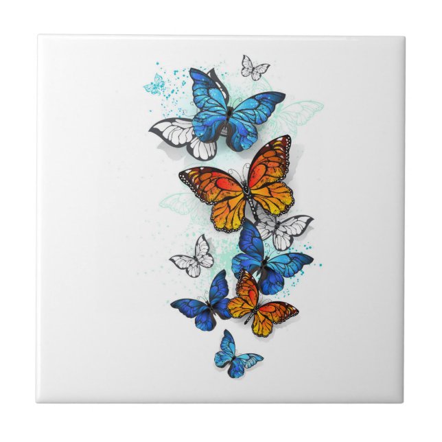 Flying Butterflies Morpho and Monarch Tile (Front)