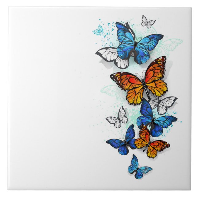 Flying Butterflies Morpho and Monarch Tile (Front)