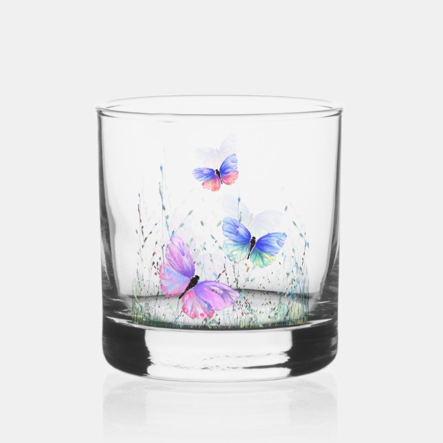 Flying Butterflies Whiskey Glass (Front)