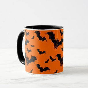 Flying Cartoon Bats on an Orange Background Mug