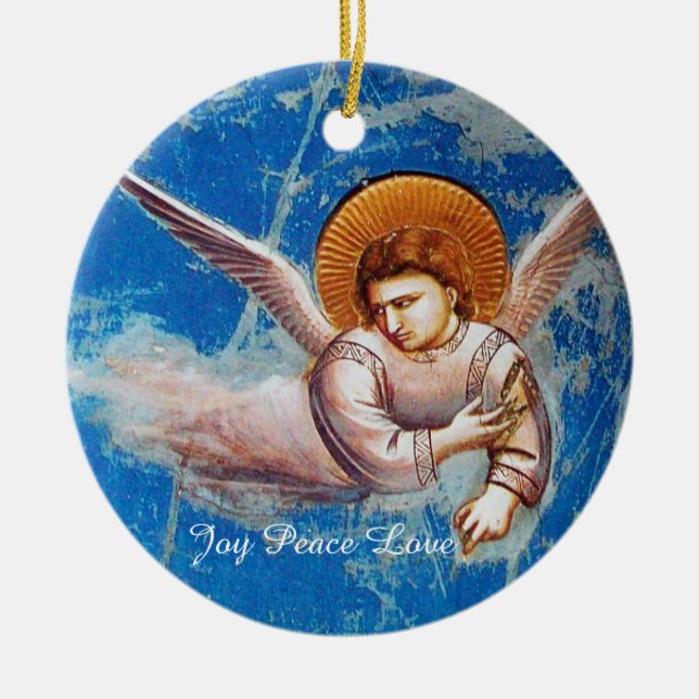 FLYING CHRISTMAS ANGELS IN BLUE.FLIGHT INTO EGYPT CERAMIC TREE DECORATION (Front)