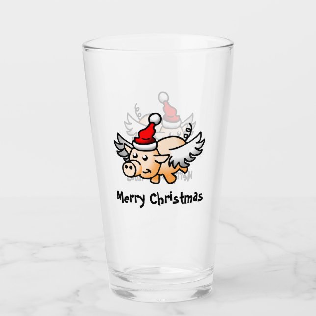 Flying Christmas Pig Glass Tumbler  (Front)
