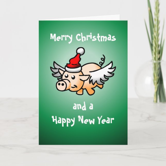 Flying Christmas Pig Holiday Card (Front)