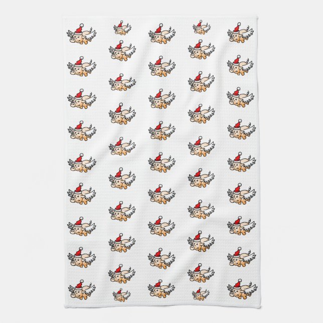 Flying Christmas Pig  Tea Towel (Vertical)