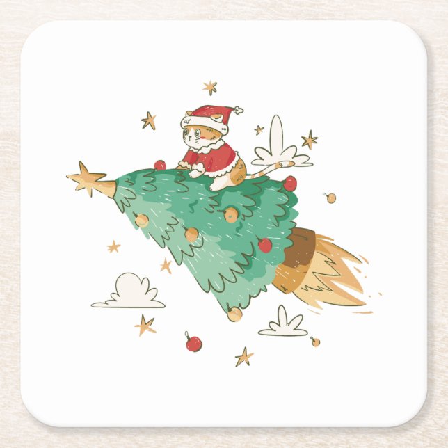 Flying Christmas Tree Santa Cat Square Paper Coaster (Front)