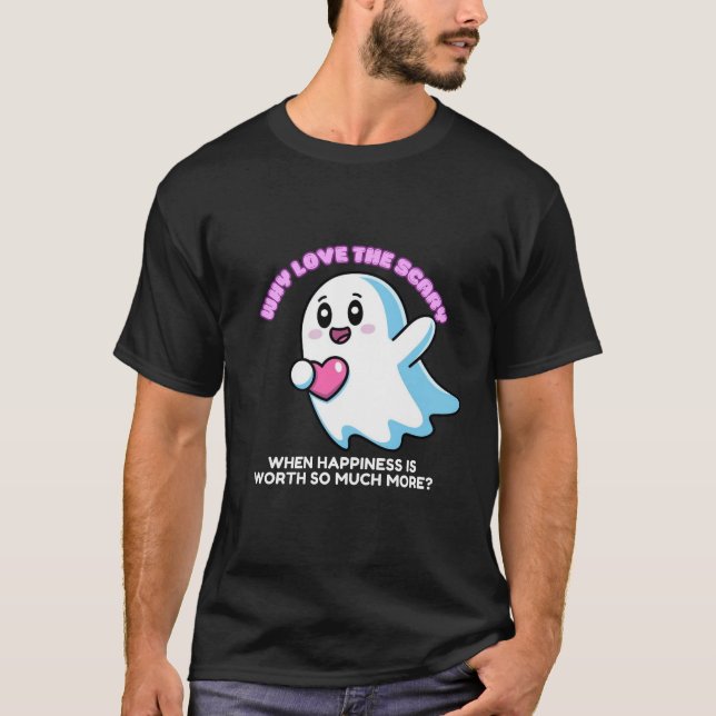 Flying Chubby Kawaii Ghost Holding a Heart T-Shirt (Front)