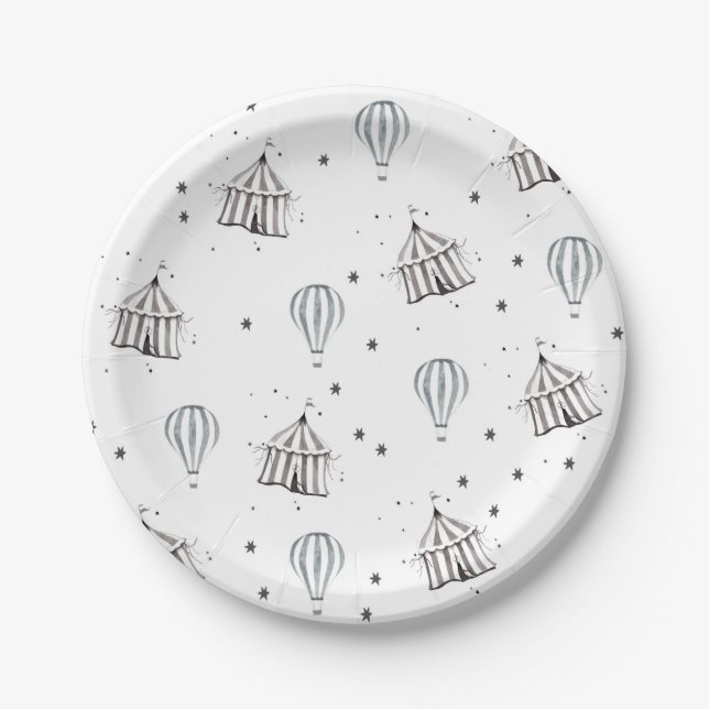 Flying Circus & Hot Air Balloon Watercolor Kids Paper Plate (Front)