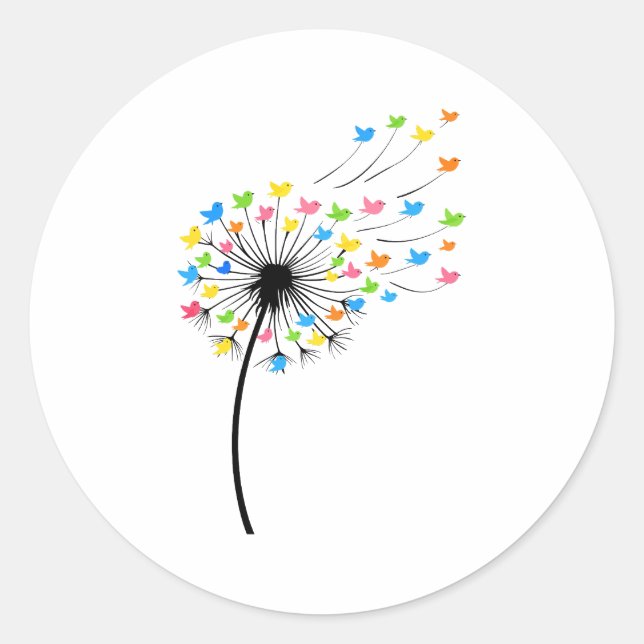 Flying colorful birds dandelion flow classic round sticker (Front)