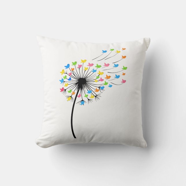 Flying colorful birds dandelion flow cushion (Front)