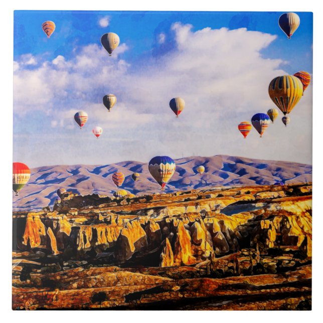 Flying colourful air balloons.  Cappadocia, Turkey Tile (Front)