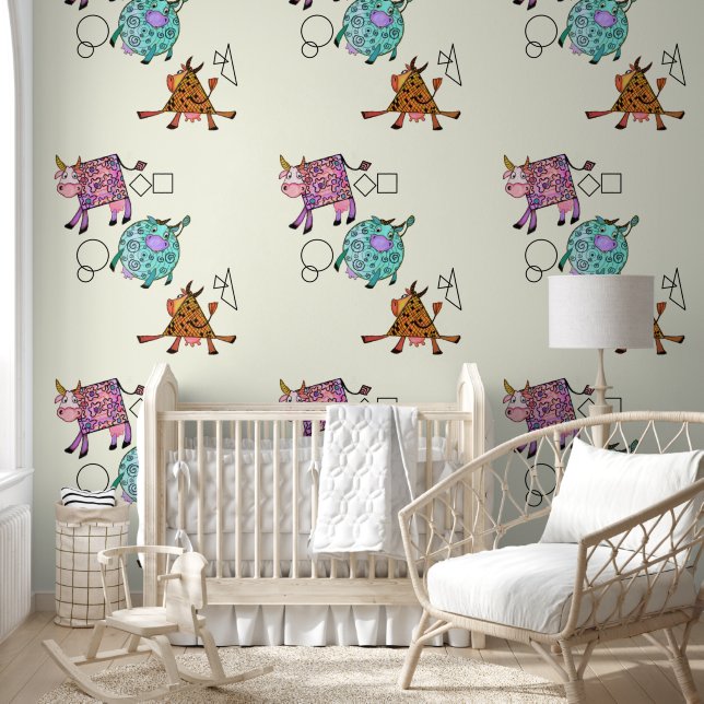 Flying Colourful Geometric Cows Funny Wallpaper (Kids)