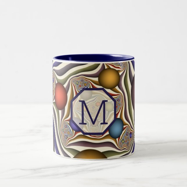 Flying, Colourful Modern Abstract Fractal Monogram Two-Tone Coffee Mug (Center)