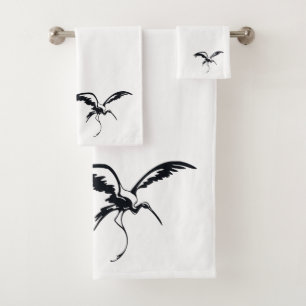 Flying Crane Line Art Bath Towel Set