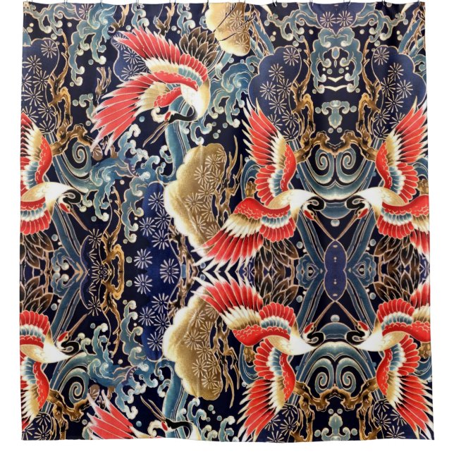 FLYING CRANES,BLUE WAVES,FLOWERS Japanese Floral Shower Curtain (Front)