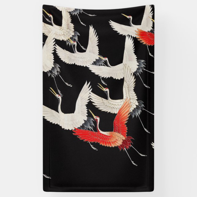Flying Cranes: Japanese Bird Kimono Art Banner (Vertical)