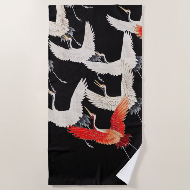 Flying Cranes: Japanese Bird Kimono Art Beach Towel (Front)