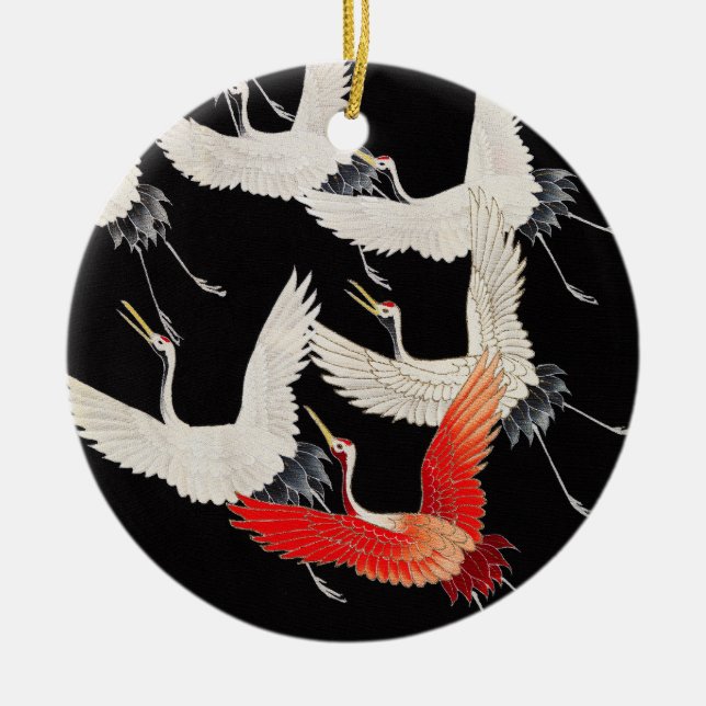 Flying Cranes: Japanese Bird Kimono Art Ceramic Tree Decoration (Front)