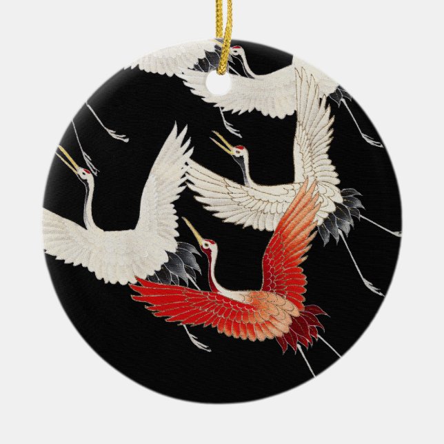 Flying Cranes,Japanese Bird Kimono Art Ceramic Tree Decoration (Front)