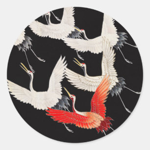 Flying Cranes: Japanese Bird Kimono Art Classic Round Sticker