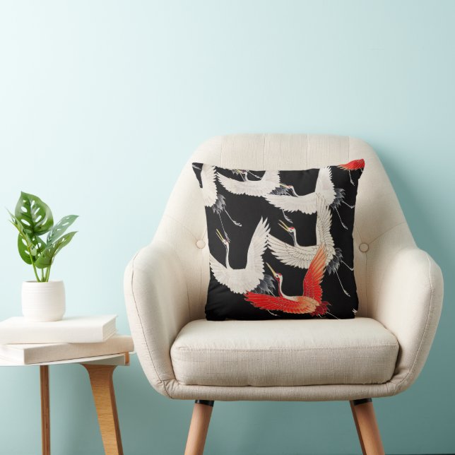Flying Cranes: Japanese Bird Kimono Art Cushion (Chair)