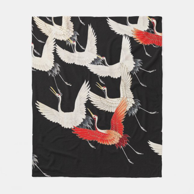 Flying Cranes: Japanese Bird Kimono Art Fleece Blanket (Front)