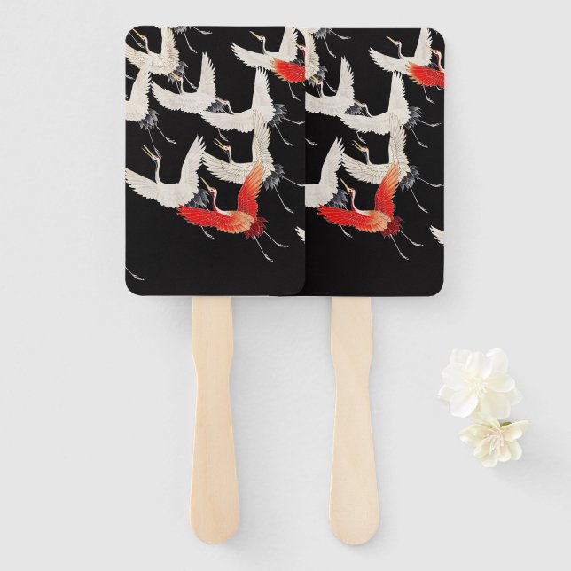Flying Cranes: Japanese Bird Kimono Art Hand Fan (Front and Back)
