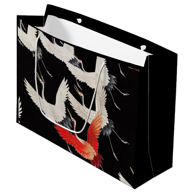 Flying Cranes: Japanese Bird Kimono Art Large Gift Bag (Front Angled)